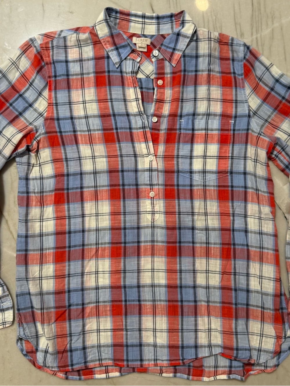 J Crew Factory Women’s Small Blue Red Plaid Gauze Cotton Popover Long Sleeve Top